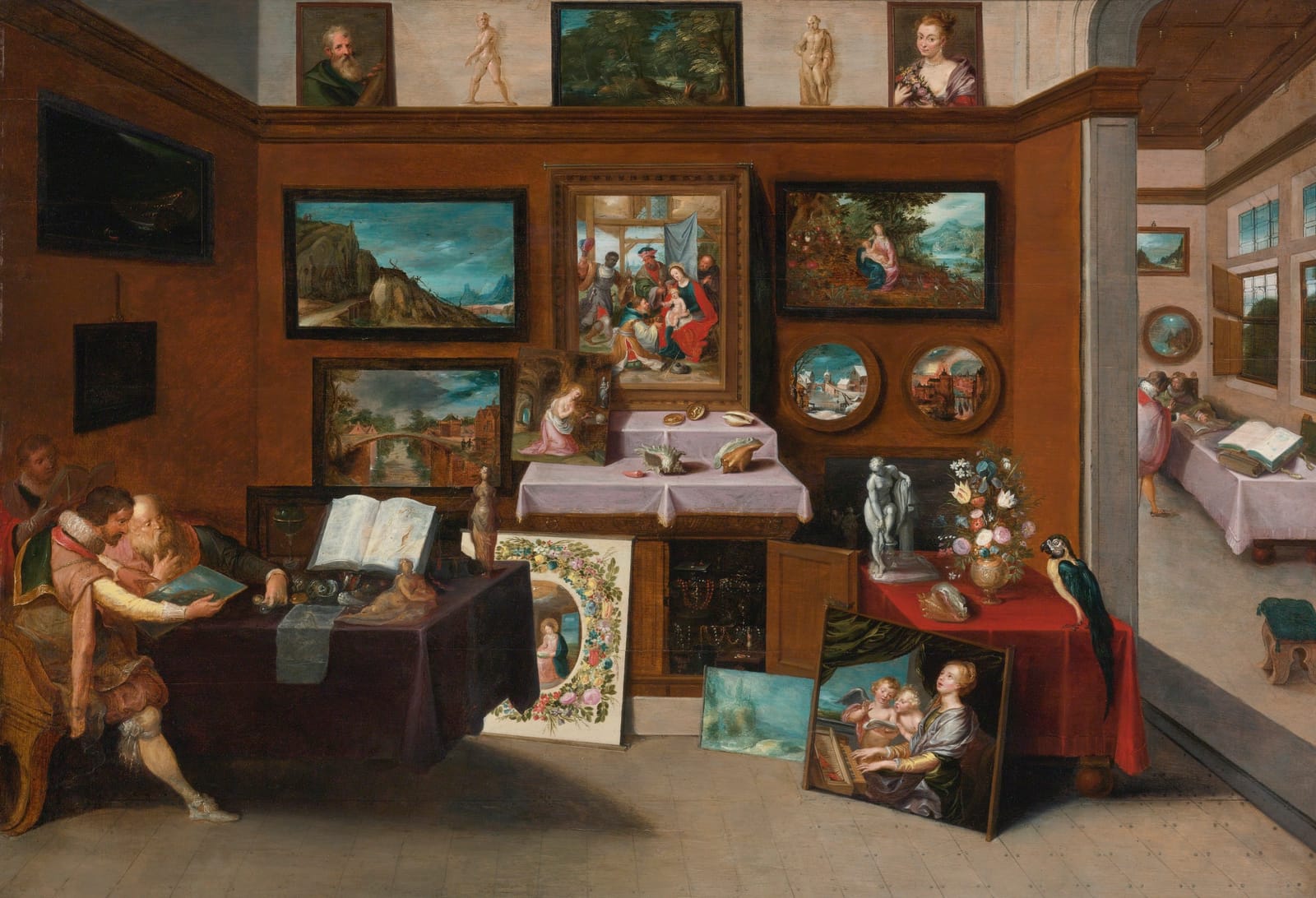 A picture gallery hung floor to ceiling, connoisseurs at the canvases